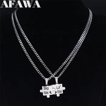 

AFAWA Big Sis Lil'Sis Puzzle Stainless Steel Statement Necklace Women Silver Color Necklaces Sister Gift Jewelry joyas N3720S01