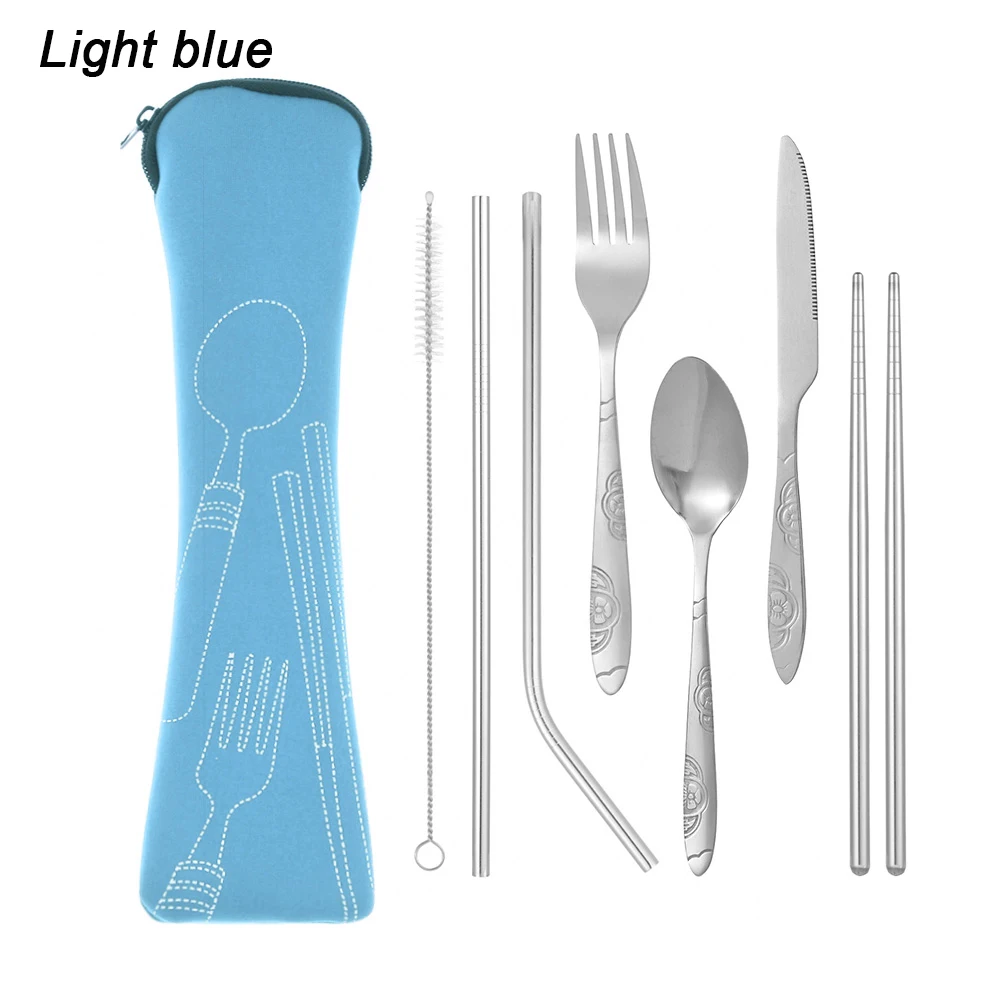 Light blue 7 шт./компл. портативный походный набор для пикника Нержавеющая сталь Ложка Вилка палочки для еды столовая посуда из соломы набор столовых приборов аксессуары - Цвет: Light blue