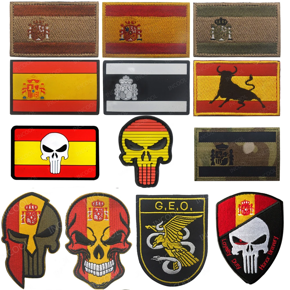 

Spain Flag Embroidered Patches Tactical Military Morale Patch Skull Emblem Appliques Spanish Flags Rubber PVC Embroidery Badges