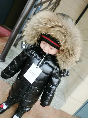 Теплая зимняя куртка на утином пуху для малышей; пальто для мальчиков; комплект одежды для девочек; детская парка; детская одежда; лыжный комбинезон; зимний комбинезон - Цвет: Черный