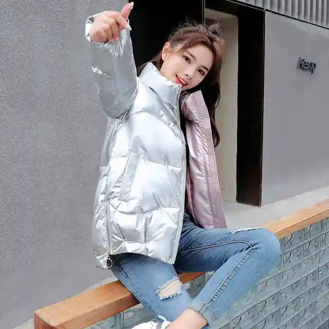 Short Women s Down Jacket Winter Glossy Loose Cotton padded Coat Stand Collar Outwear Parkas Female