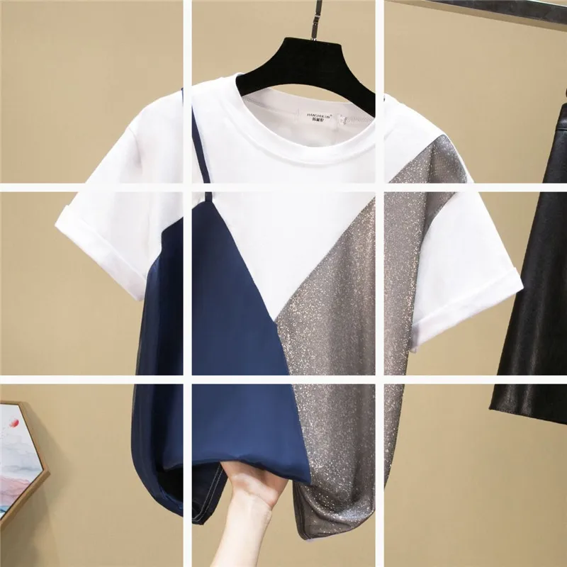 

Women's T-shirt personality color-matching short-sleeved round light silk stitching top top women's Ropa Muji Harajuku retro