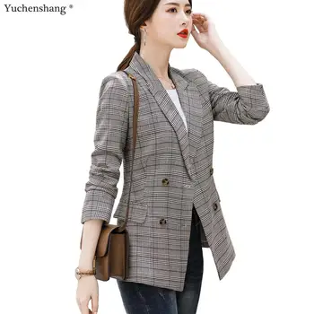 

New Women Blazer Jacket Fall Winter Gray Apricot Plaid girl casual wear Long Sleeve Double Breasted Jackets Blaze
