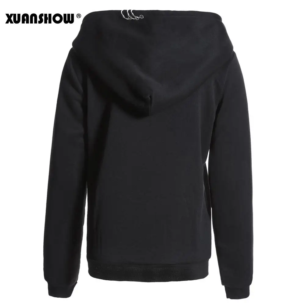 Ceny XUANSHOW 2019 kobiety bluzy z kapturem Gothic Punk żelazny pierścień bluzy z kapturem jesień zima z długim rękawem Zip up czarna kurtka na zamek błyskawiczny panie płaszcz