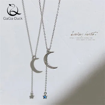 

New Beautiful Fashion Jewelry Moon And Star 925 Sterling Silver Women Five-pointed Flash Crystal Cute Pendant Necklaces N531