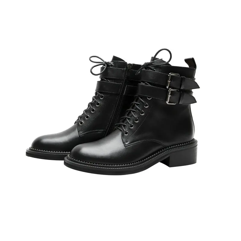 Spring Autumn genuine leather Low Heels Women Ankle Boots Lace Up Western Short Boots Casual Shoes Woman - Цвет: Черный