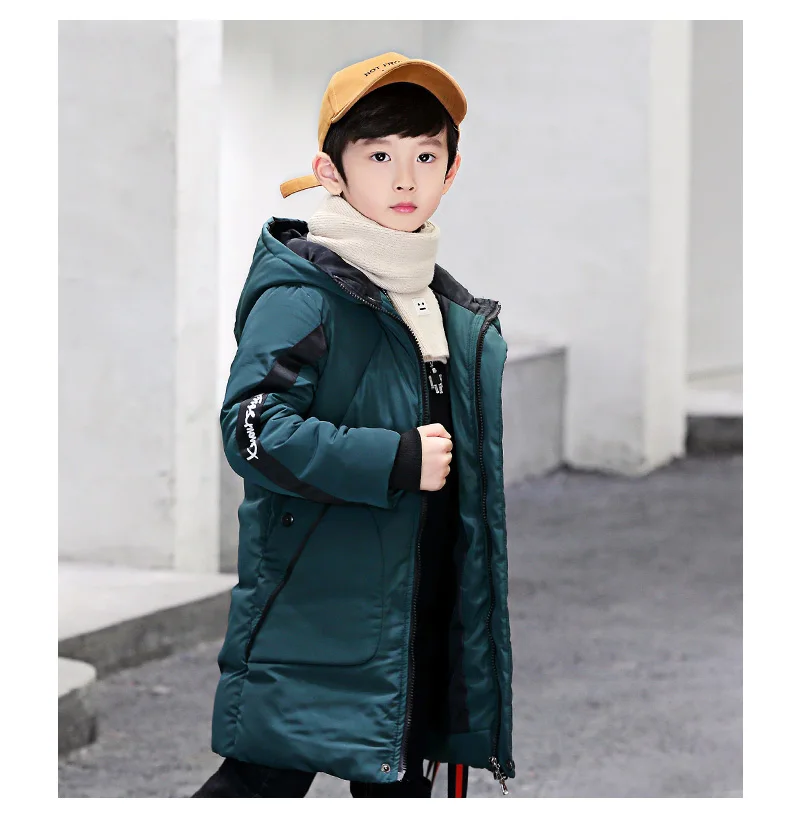 Зимние пальто для мальчиков пуховые парки для подростков детская зимняя верхняя одежда, куртки теплое плотное длинное пальто с капюшоном и надписью для детей, От 4 до 16 лет