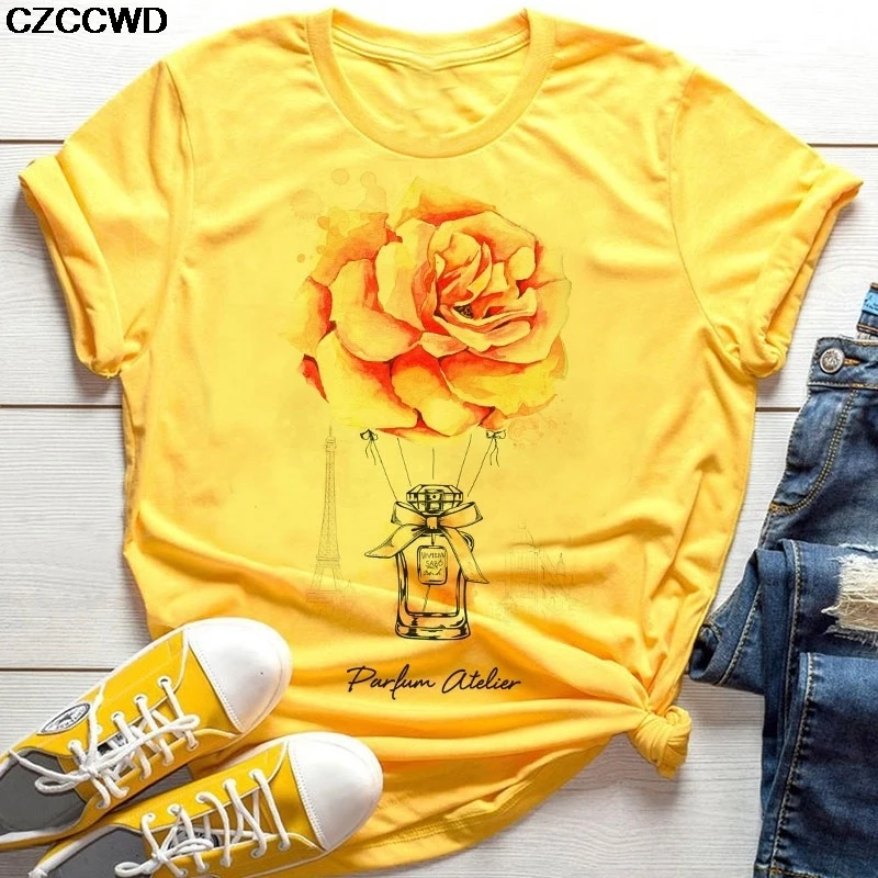 Summer 2020 New Vogue Yellow Vase Floral Print Tshirt Harajuku Elegant T Shirt Cute Casual Loose Short Sleeve T-shirt Women Top