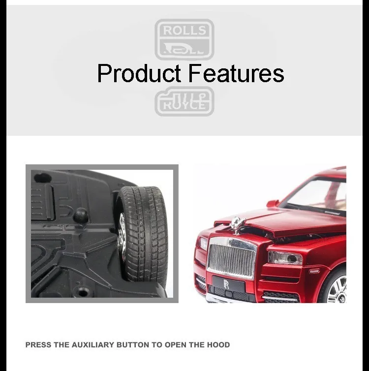 1:24 Rolls Royce Cullinan, модель автомобиля из сплава, большой размер, имитация внедорожника, металлическая модель автомобиля, светильник со звуком, вытяжка, 6 дверей
