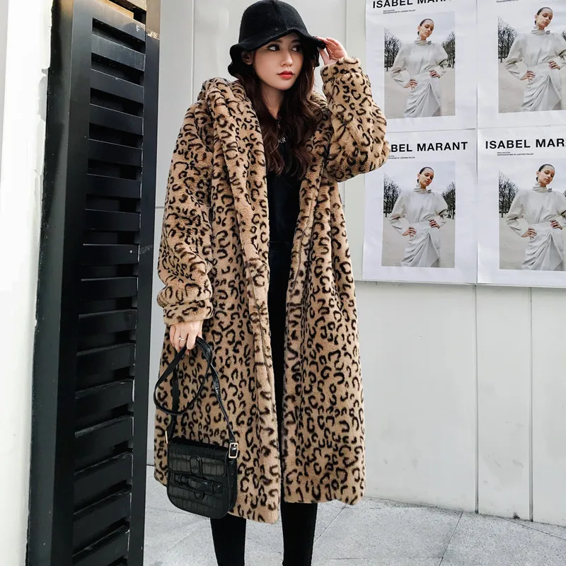 Leopard print Зимнее Новое меховое пальто для женщин с леопардовым капюшоном, длинное пальто выше колена, имитация меха норки, свободная куртка, Женское пальто для отдыха с леопардовым принтом - Цвет: Leopard print