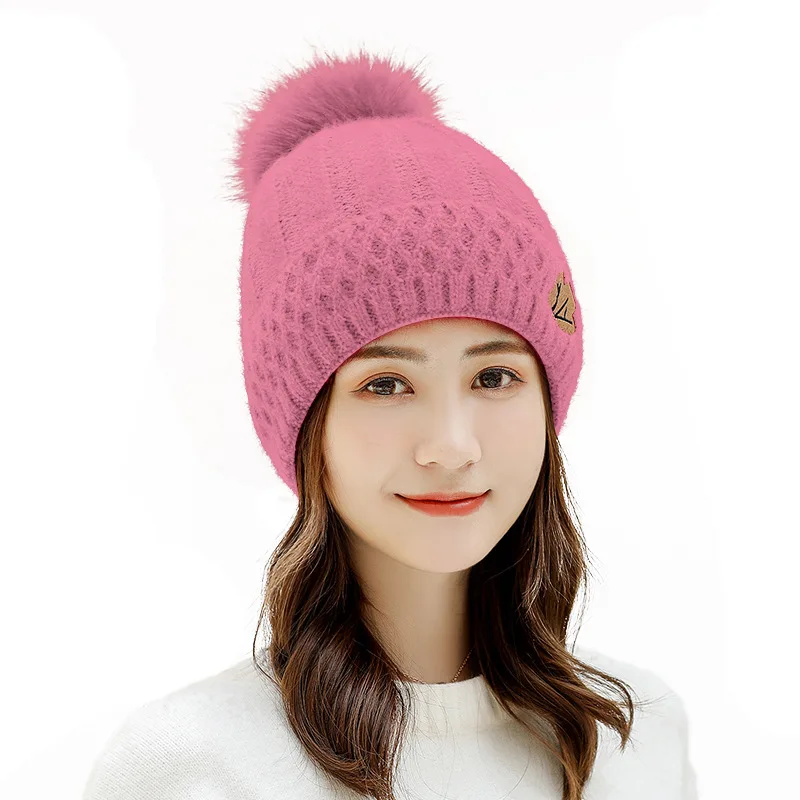 Вязаная шапка из кроличьего меха с меховым помпоном, шапка Skullie beanie, зимняя женская шапка для девочек, женская шапка - Цвет: Розовый