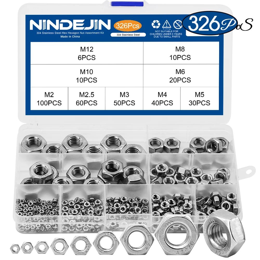 NINDEJIN-Kit d'assortiment d'écrous hexagonaux, 326 pièces M2 M2.5 M3 M4 M5 M6 M8 M10 M12, en acier inoxydable, DIN934