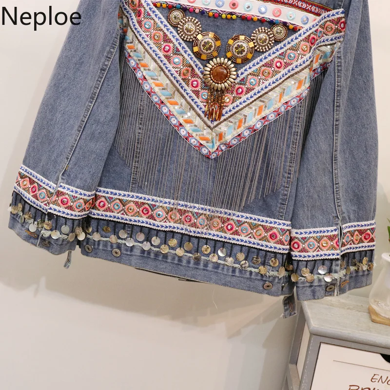 Neploe/джинсовая куртка в национальном стиле, с тяжелой вышивкой, bf, короткие, casaco feminino, модные, Лоскутные, с кисточками, chaqueta mujer, осень 46592
