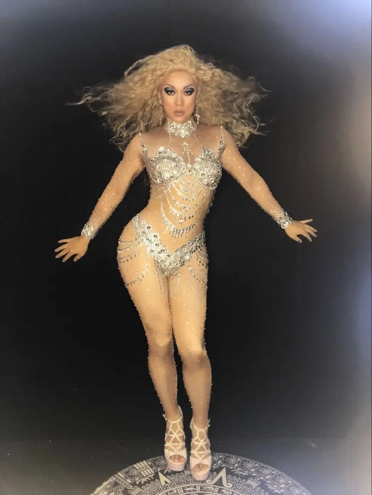 Блестящие большие очки комбинезон украшенный кристаллами женский стрейч комбинезон наряд Bling Стразы для ночного клуба Бар блестящий костюм камни одежда