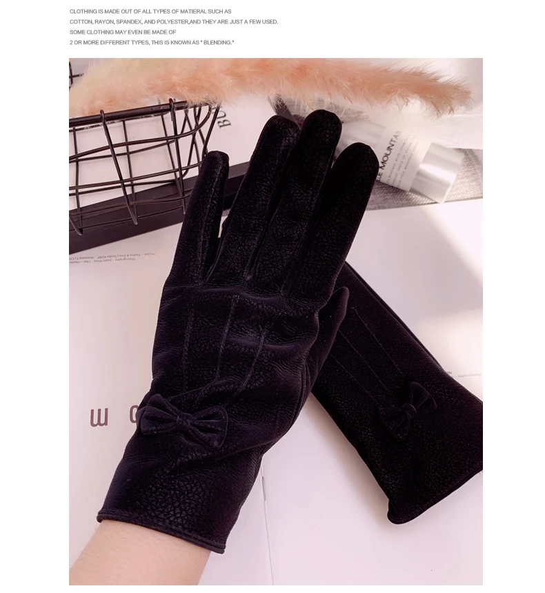 Leather gloves female winter plus velvet thick warm cute student riding driving windproof waterproof touch screen gloves