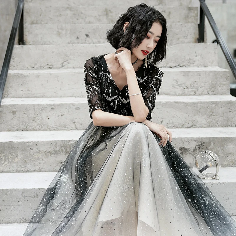wei yin AE0207 Evening Dresses Elegant V-Neck Tassle with Zipper Formal Evening Gown Party Dress Fashion