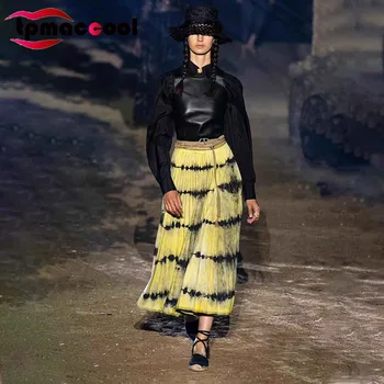 

Tpmaccool luxury designer runway 2020 women Spring New Fashion High Waist Retro Dyed Striped Skirt Pleated party boho Skirts S-L