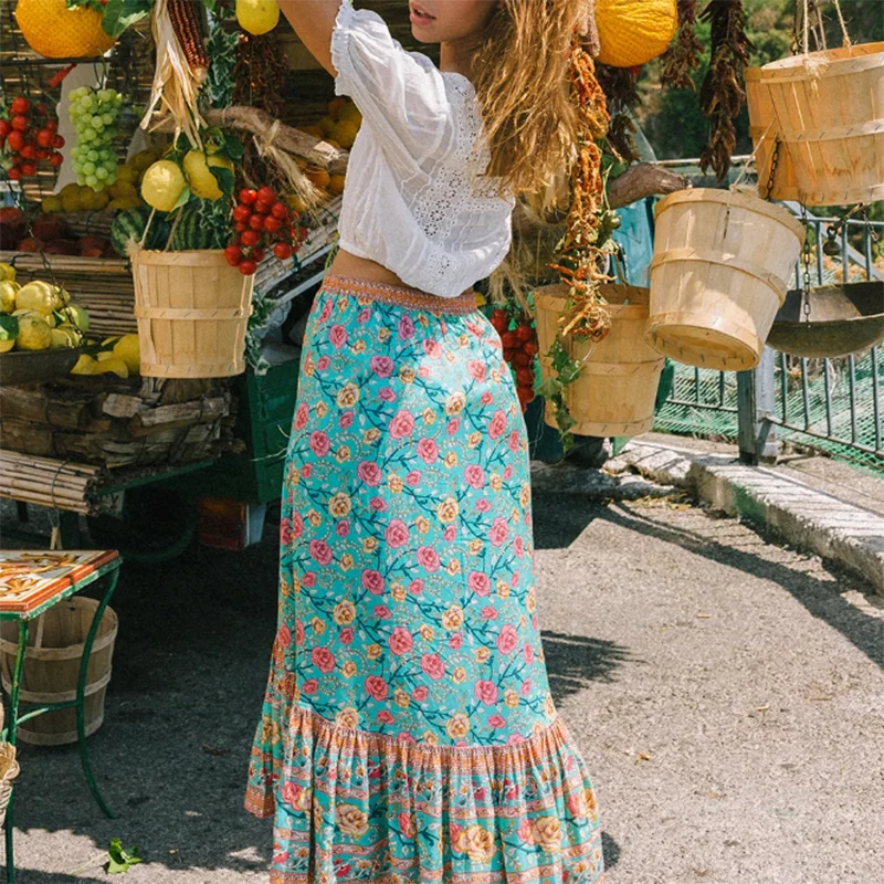 KHALEE YOSE Boho Цветочная Муза юбка Осенняя летняя Макси-юбка с завязками на талии Праздничная плиссированная юбка с принтом Повседневная шикарная юбка
