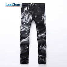 New fashion Men's wolf printed jeans men slim straight Black stretch jeans designer jeans men designer jeans men plus size