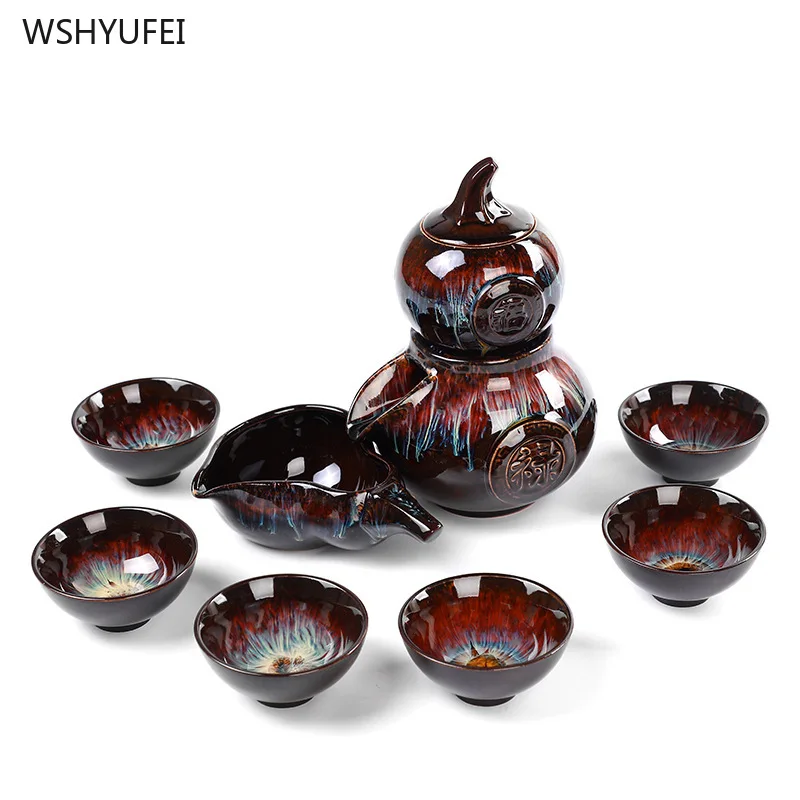 9Pcs Jianye Tianmu kiln enamel sand gold glaze dish teapot rotating water storage tea ceremony accessories ceramic tea set