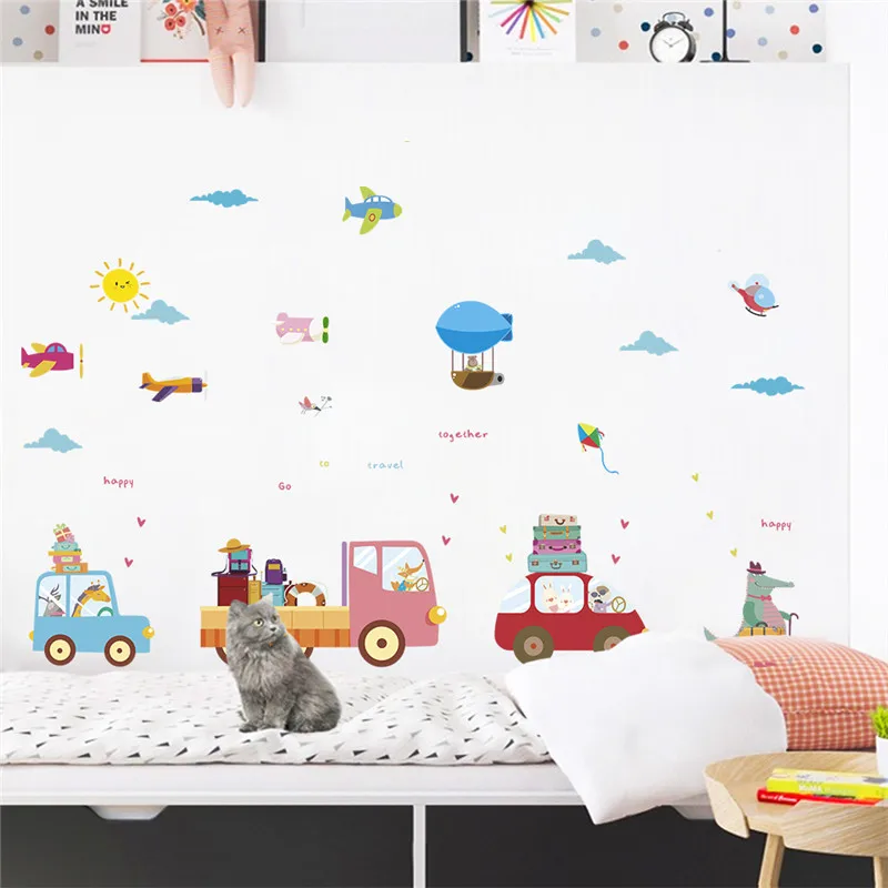 

Lovely Animal Driving Car Aircraft Wall Sticker For Kindergarten Kids Room Home Decor Cartoon Safari Mural Art Pvc Decals