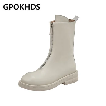 

GPOKHDS 2021 women Ankle boots Cow leather winter short plush Round Toe Zipper Med heels female Riding boots size 39