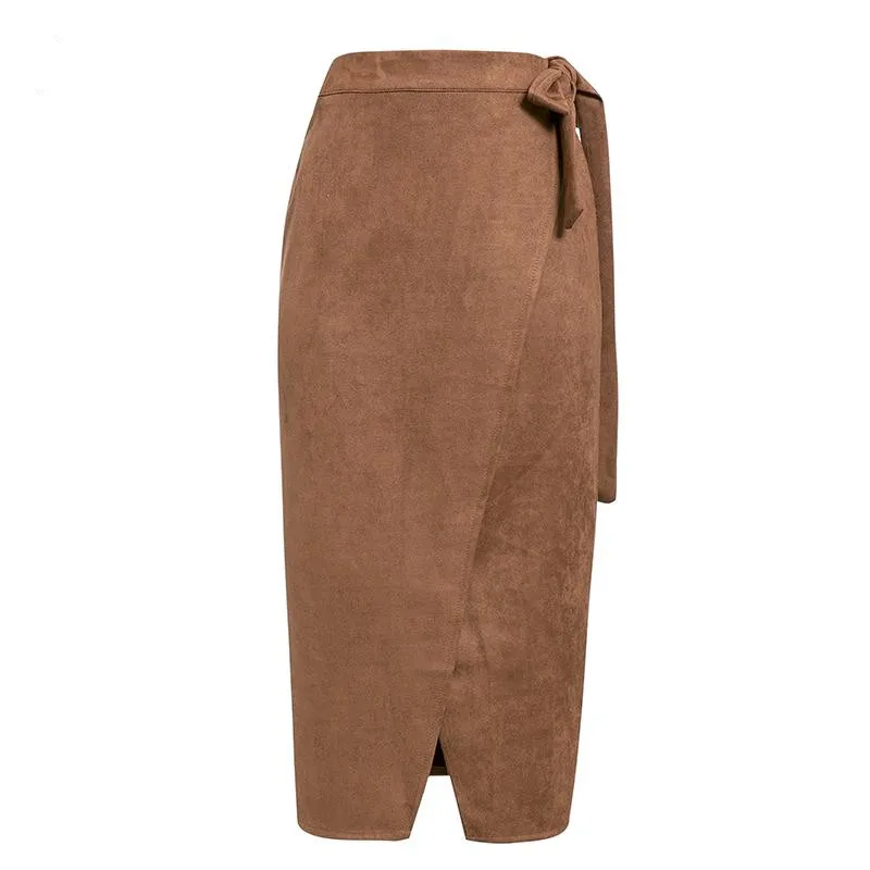 Office suede leather long skirt female autumn and winter high waist split sexy skirt service ladies long skirt - Цвет: brown