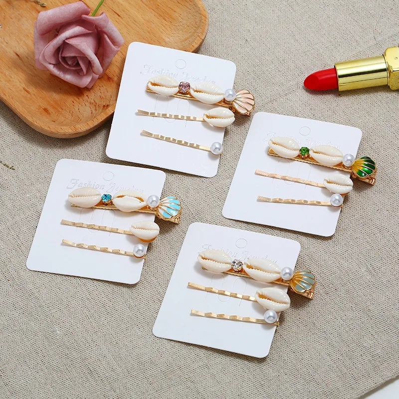 

Korean-style INS Combination Three-piece Set Barrettes Shell Pearl A- line Side Clip Bang Clip Girly Series Oil Drop Hair Access