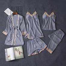 Пижамы Для женщин пижамные комплекты одежда для сна 5 шт./компл. ночная рубашка шелка, как пижамы для женское нижнее белье «babydolls» Для женщин Комплекты пижам, пижамы