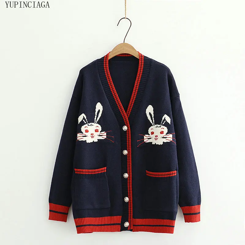

2020 Autumn Rabbit Embroidery Cardigans Women Jacquard Knitted Single-breasted Double Pocket V-neck Loose Sweet Sweaters