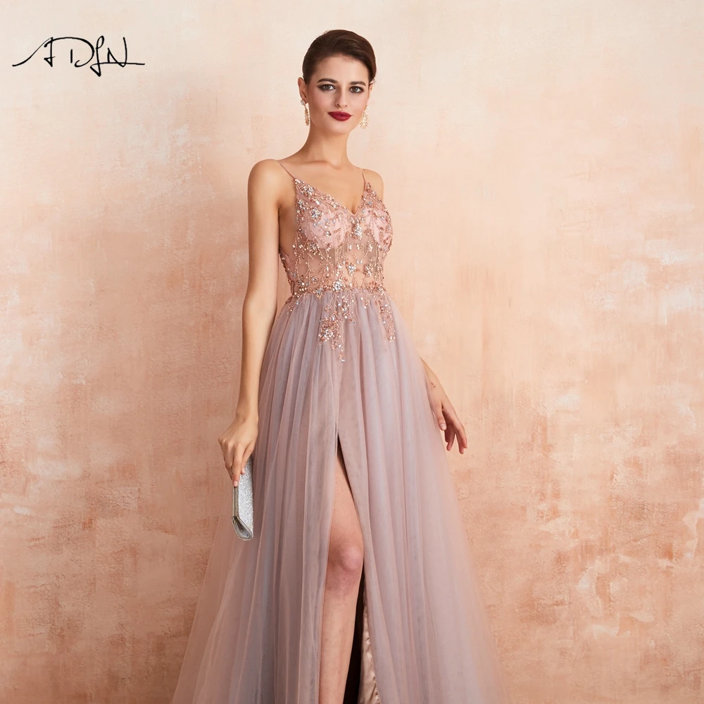 ADLN новинка Vestido de festa longo сексуальные длинные вечерние платья Глубокий v-образный вырез боковые разрезы бусины Кристалл Вечерние платья выпускного вечера
