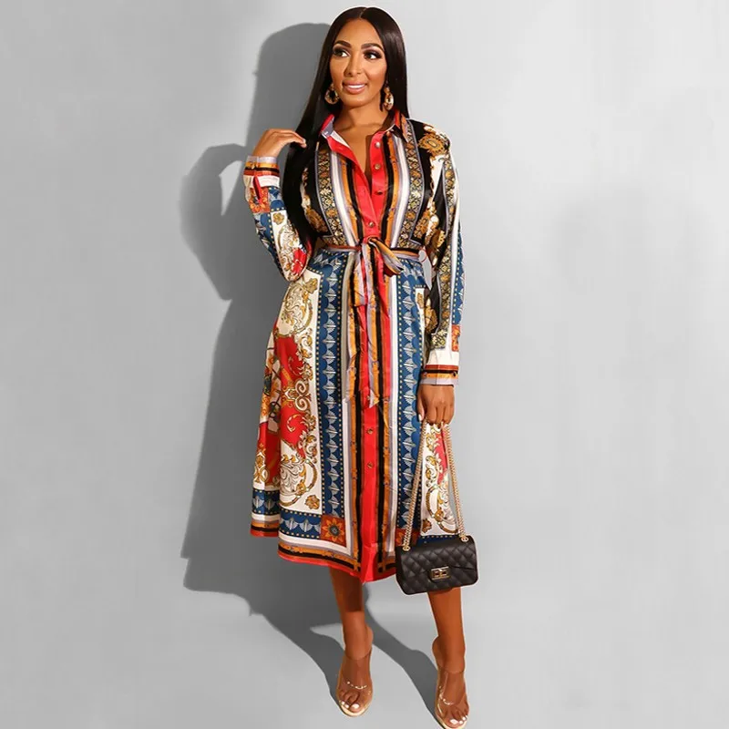 

Office Ladies Work Turn-down Collar Print A-Line Long Dress Casual Fit And Flare Pleated Dress Spring Autumn Women Fashion