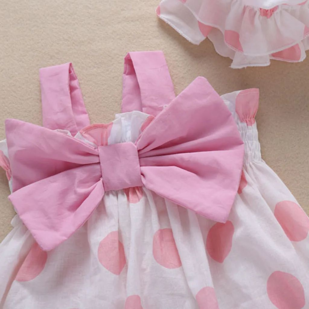 Newborn Infant Baby Girls Strap Dot Print Bow Romper Sunsuit Hat Outfits Clothes 
