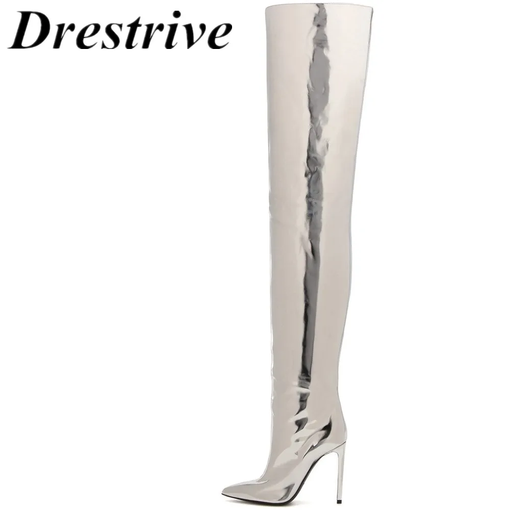 Drestrive Customize Patent Leather Women Over Knee High Boots Thin Heels Pointed Toe Female High Heel Shoes Slip On Fashion