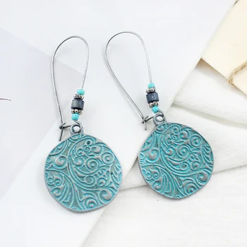 

Boho Retro Round National Totem Coin Carved Pattern Ethnic Beads Exquisite Pendant Dangle Earrings Holiday Accessories For Lady