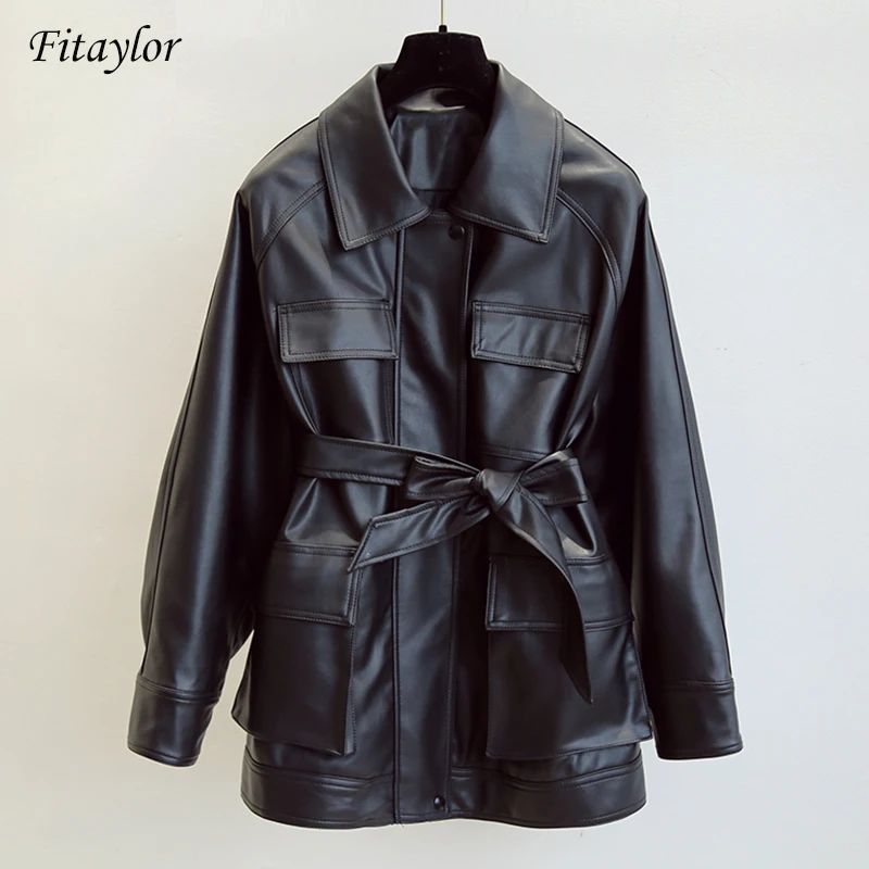 Женская кожаная куртка Fitaylor винтажное пальто средней длины из искусственной