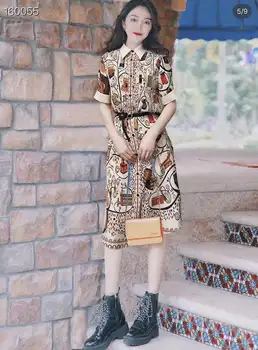 

2020 Spring Summer Women Dress Runway Fashion Designer Single Breasted Short Sleeve Belt Vintage Floral Print Slim Silk Dresses