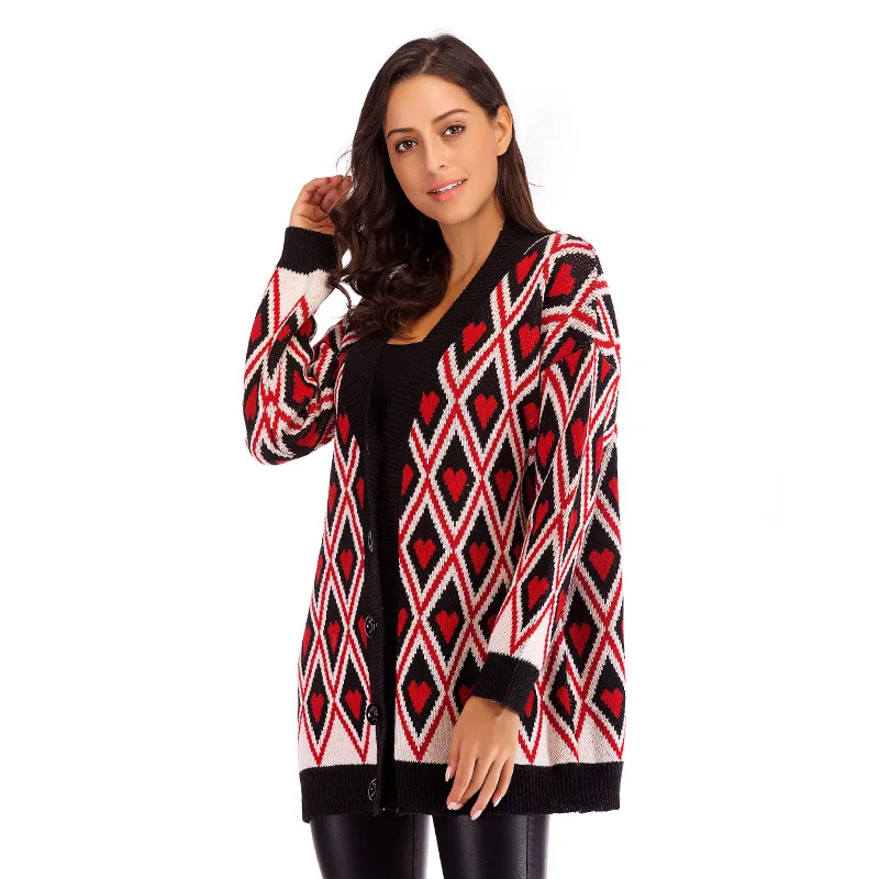 Autumn Spring Printed Fashion Women Sweaters V Neck Button Casual Geometric Women Loose Large Coat Women Sweaters