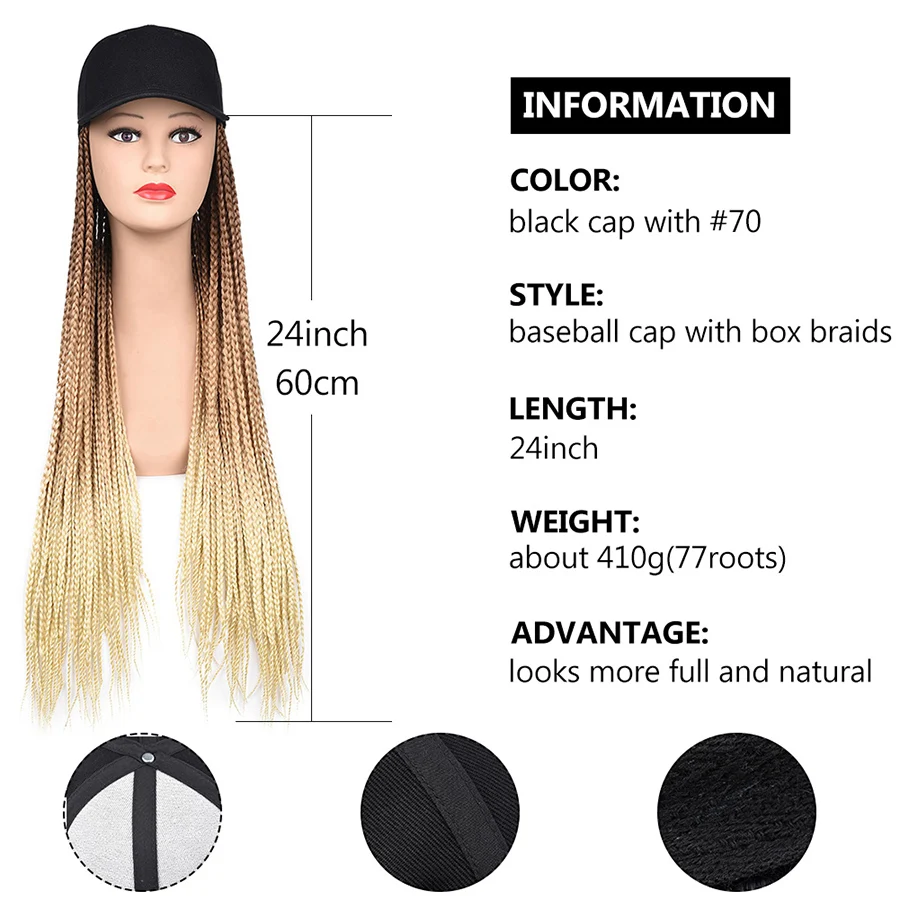 Long Synthetic Baseball Cap Wig with Braided Box Braids Wigs For Afro Black Women Daily Wear White Hat Wig Adjustable For Girls