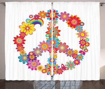 

1960s Curtains Colorful Peace Flower Nature Youthful Flourishes Happiness Hippie Art Living Room Bedroom Window Drapes Red Blue
