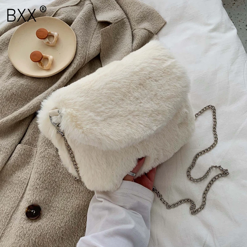 

[BXX] Faux Mink Hair Crossbody Bags For Women 2020 Mini Chain Shoulder Messenger Bag Female Winter Velvet Warm Handbags HI977