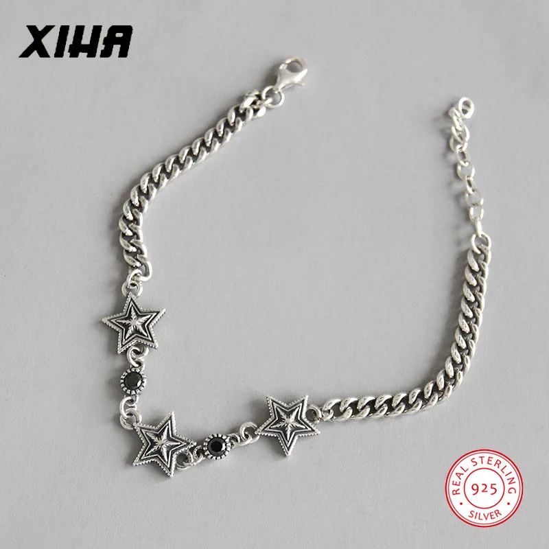 Роскошный AAA черный кубический цирконий браслеты для женщин Винтаж 925 пробы серебряная звезда Снаряженная кубинская цепочка персонализированный браслет