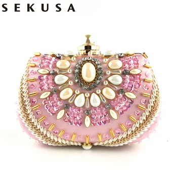 

SEKUSA Clutch Purse Bag Women Round Clutch Evening Bag Crystal Diamond Wedding Purse Handbag Exquisite Chain Shoulder Bag