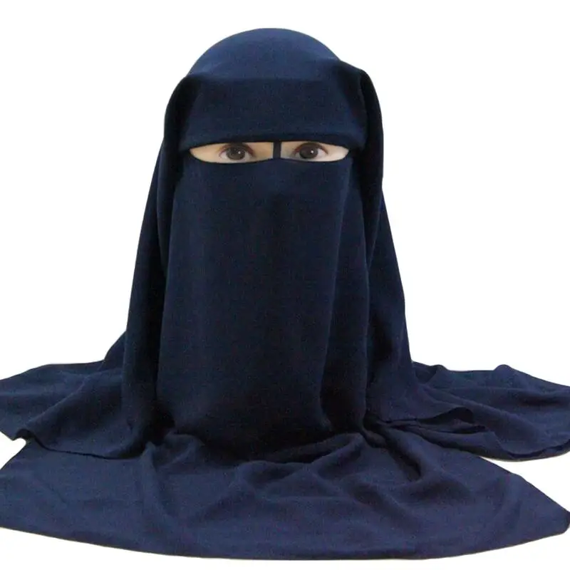 Тёмно-синий Мусульманская бандана шарф исламский 3 слоя Niqab Burqa черный лицо крышка капот хиджаб кепки головные уборы с вуалью абайя обертывание Рамадан молитва арабский - Цвет: Тёмно-синий