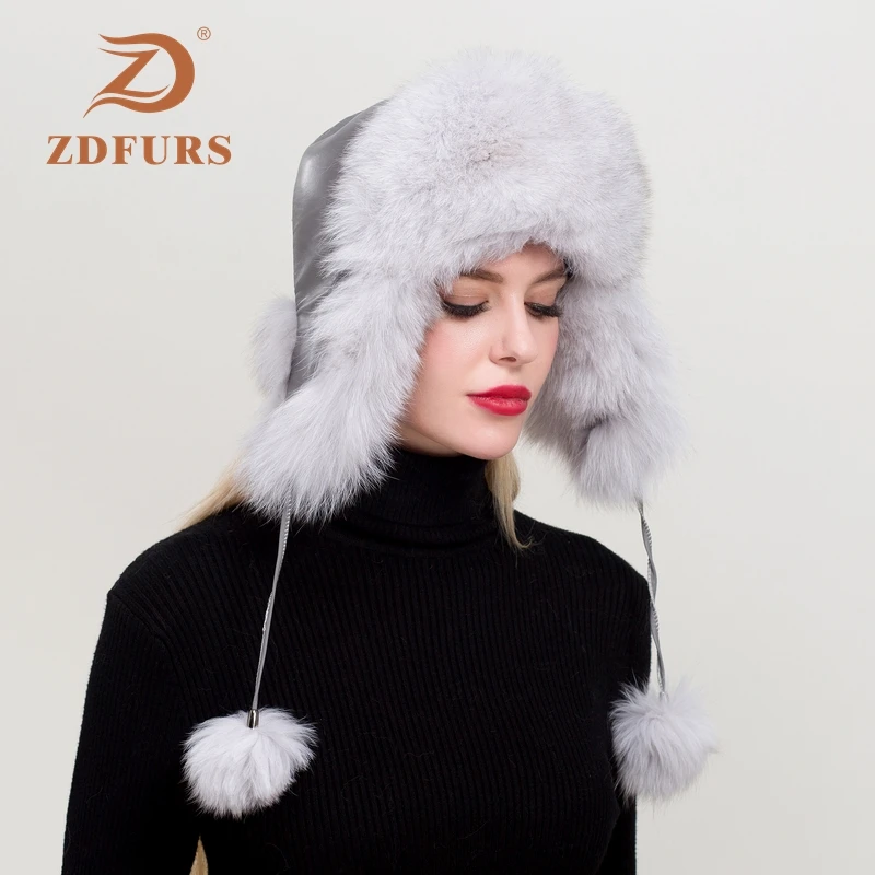 

ZDFURS*Women Natural Real Fox Leather Hat Winter Ushanka Bomber Cap Russia Snow Wind Thick Warm Fur Real Sheepskin Leather Caps