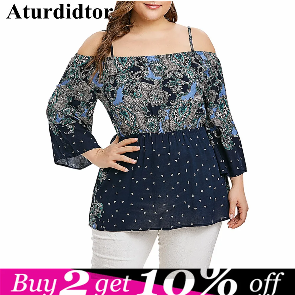 

5XLPlus Size Tribal Print Cold Shoulder Blouse Women Cold Shoulder Blouse Floral Printed Blouse O-Neck Summer Tee shirt Top