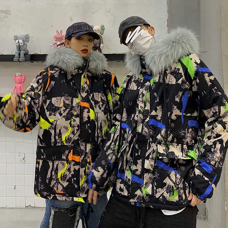 

Hong Kong Style Camouflage Removable Shoulder Large Fur Collar Cotton-padded Clothes Loose-Fit women Outerwear 2020 Winter New