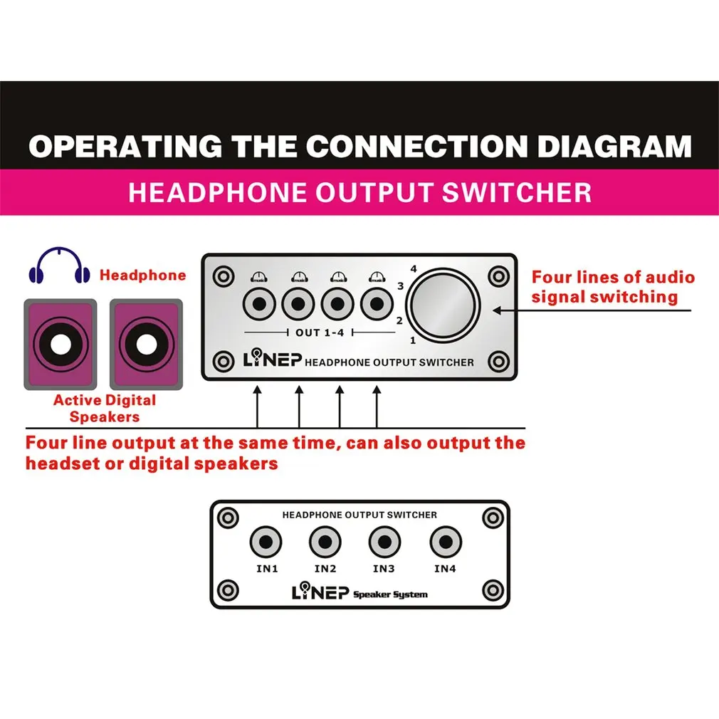 985 Professional Four in and Four out Audio Signal Switcher Headphone Splitter Audio Signal Comparator DTS 2 2 0 AC Metal