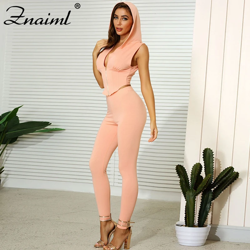 

Women's Casual Solid Hooded Two-Piece Set Jogging Femme Zipper Sleeveless Top + Pants Suit Sportwear Tracksuit Women Outfits