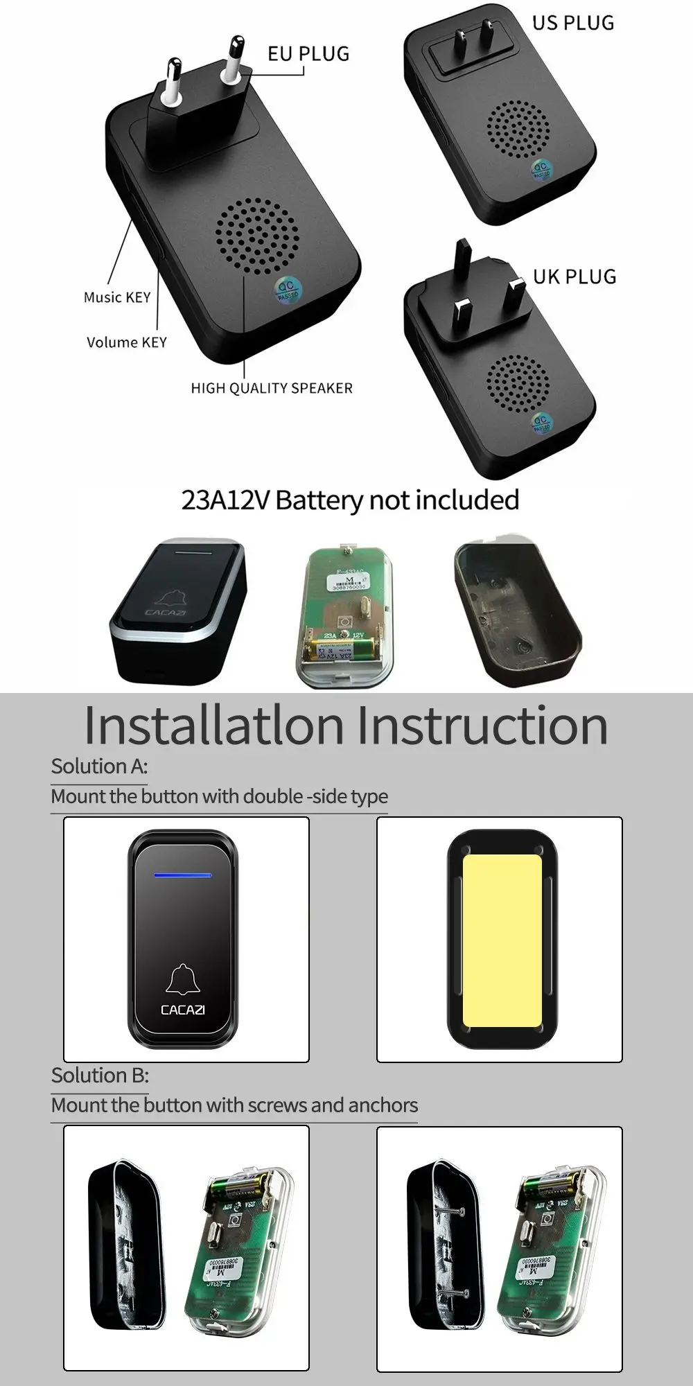CACAZI Smart Digital AC электронный дверной звонок, приемник-1 шт.) 1 передатчик 300 м дистанционное управление Умный дом Водонепроницаемый светодиодный индикатор Беспроводной дверной Звонок